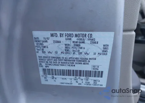 2008 Ford Escape Xls/Xls Manual z USA, uszkodzony, nr VIN 1FMCU02Z18KC16304